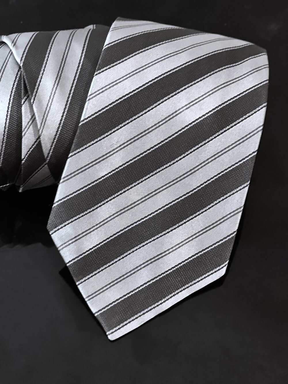 KENZO Silk Tie Striped Neckwear Couture Silver Gray Stripes Silk Necktie Shiny